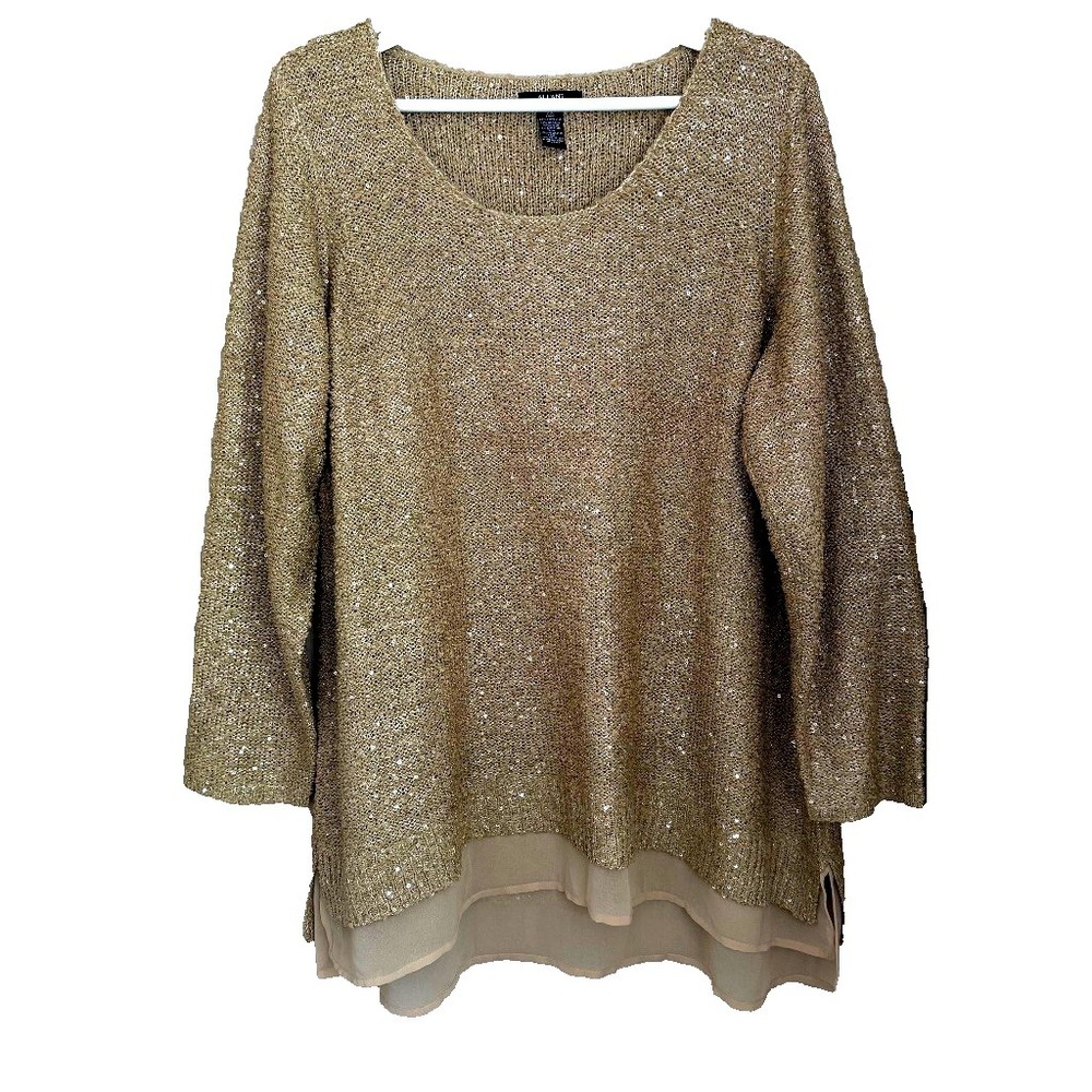 Alfani Gold Sequin Sparkle V-Neck Sweater Plus Size 3X Party Holiday Glam Event
